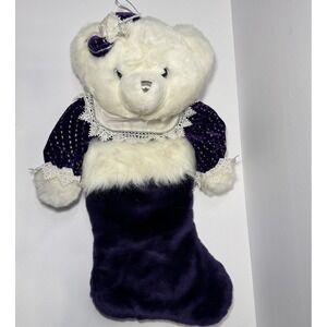 Vintage Dan Dee Plush 3D BEARS Christmas Stocking Purple Velvet Girl EUC Novelty